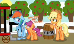 Size: 2100x1263 | Tagged: dead source, safe, artist:artypaints, applejack, rainbow dash, scootaloo, earth pony, pegasus, pony, g4, alcohol, arrested, blushing, bound wings, chains, cider, cuffs, food, prisoner rd, shackles, sweet apple acres, trio