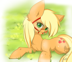 Size: 1024x885 | Tagged: safe, artist:teranen, applejack, earth pony, pony, g4, colored pupils, dog lip, eating, female, grass, herbivore, horses doing horse things, meadow, prone, reins, solo, watermark, woll smoth