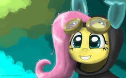 Size: 1920x1200 | Tagged: safe, artist:slightmist, fluttershy, pegasus, pony, g4, bunny ears, clothes, costume, cute, dangerous mission outfit, female, goggles, hoodie, looking at you, mare, smiling, solo