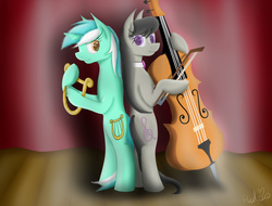 Size: 1421x1080 | Tagged: safe, artist:rulsis, lyra heartstrings, octavia melody, g4, cello, duet, lyre, musical instrument