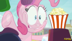 Size: 887x504 | Tagged: safe, edit, pinkie pie, g4, the gift of the maud pie, against glass, faic, food, glass, meme, pinkie pie excited meme, popcorn