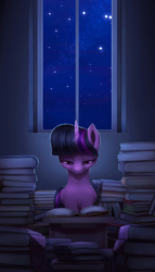 Size: 1000x1743 | Tagged: safe, artist:rodrigues404, twilight sparkle, alicorn, pony, g4, book, female, mare, night, reading, solo, twilight sparkle (alicorn)