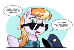 Size: 1280x883 | Tagged: safe, artist:nauth, copper top, earth pony, pony, g4, alternate hairstyle, ask, female, long hair, misspelling, police officer, solo, sunglasses, tumblr