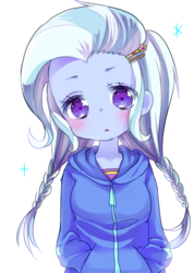 Size: 500x703 | Tagged: safe, artist:weiliy, trixie, equestria girls, g4, alternate hairstyle, barrette, blushing, braid, breasts, clothes, cute, daaaaaaaaaaaw, delicious flat chest, diatrixes, dress, female, flatrixie, hairclip, hairpin, hand in pocket, head tilt, hnnng, hoodie, looking at you, missing accessory, moe, open mouth, pigtails, ponytail, simple background, solo, sparkles, sweater, twin braids, twintails, weiliy is trying to murder us, white background
