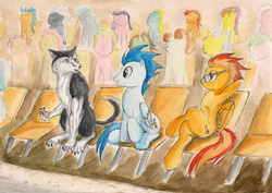 Size: 2293x1624 | Tagged: safe, artist:souleatersaku90, soarin', spitfire, oc, oc:fox trot, pegasus, pony, anthro, g4, anthro with ponies, arm behind head, commission, crossed legs, fanfic, fanfic art, furry, old cutie mark, paw pads, paws, the simple life, traditional art, underpaw, watercolor painting