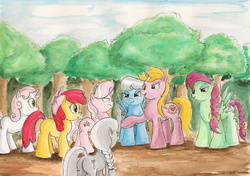 Size: 2311x1630 | Tagged: safe, artist:souleatersaku90, apple bloom, diamond tiara, silver spoon, sweetie belle, oc, g4, commission, fanfic art, the simple life, this will end in tears and/or death and/or covered in tree sap, traditional art, watercolor painting