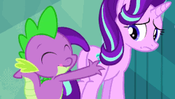 Size: 640x360 | Tagged: safe, screencap, spike, starlight glimmer, dragon, pony, unicorn, g4, the crystalling, animated, butt, butt grab, butt touch, cropped, eyes closed, female, frown, grope, hand on butt, horn, male, mare, out of context, plot, smiling