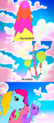 Size: 960x2160 | Tagged: safe, screencap, coconut grove, island delight, thistle whistle, friends are never far away, g3, food, hot air balloon, ice cream, subtitles