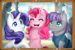 Size: 900x600 | Tagged: safe, artist:pillonchou, maud pie, pinkie pie, rarity, g4, the gift of the maud pie, clothes, eyes closed, group, manehattan, open mouth, picture frame, raised hoof, smiling, statue of friendship, statue of liberty, wavy mouth