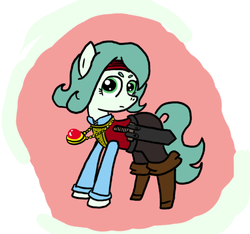 Size: 640x600 | Tagged: safe, alternate version, artist:ficficponyfic, oc, oc only, oc:emerald jewel, earth pony, pony, colt quest, adult, alternate clothes, alternate hairstyle, alternate timeline, alternate universe, amulet, boots, clothes, determined, future, headband, male, pants, possible spoilers, preview, serious, shirt, stallion, sword, vest, warrior, weapon