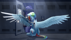 Size: 3840x2160 | Tagged: safe, artist:underpable, gilda, rainbow dash, pegasus, pony, the cutie re-mark, alternate hairstyle, alternate timeline, amputee, apocalypse dash, augmented, backwards cutie mark, clothes, crystal war timeline, feels, female, helmet, large wings, locker room, lockers, looking at you, mare, medals, poster, prosthetic limb, prosthetic wing, prosthetics, sad, scar, solo, story included, torn ear