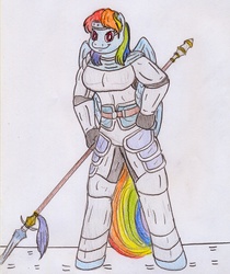 Size: 848x1011 | Tagged: safe, artist:jose-ramiro, rainbow dash, pegasus, anthro, g4, armor, dynasty warriors, female, smiling, solo, spear, weapon, zhao yun