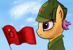 Size: 1600x1100 | Tagged: safe, artist:bacbko, scootaloo, g4, clothes, communism, cutie mark crusaders, flag, red army, russian, soviet, uniform