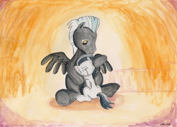 Size: 2306x1647 | Tagged: safe, artist:souleatersaku90, rumble, thunderlane, pegasus, pony, g4, brothers, colt, comforting, commission, crying, duo, fanfic, fanfic art, hug, male, sitting, stallion, the simple life, traditional art, underhoof, watercolor painting