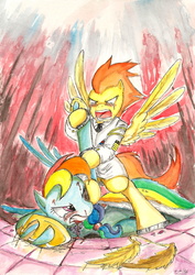 Size: 1639x2318 | Tagged: safe, artist:souleatersaku90, rainbow dash, spitfire, g4, abuse, blood, commission, dashabuse, fanfic, fanfic art, fight, the simple life, traditional art, violence, watercolor painting