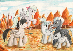 Size: 2335x1642 | Tagged: safe, artist:souleatersaku90, cloudchaser, flitter, quarterback, rumble, thunderlane, pegasus, pony, g4, colt, commission, fanfic art, female, male, mare, stallion, the simple life, traditional art, watercolor painting