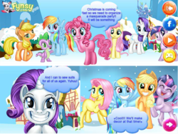 Size: 701x527 | Tagged: artist needed, safe, applejack, fluttershy, pinkie pie, rainbow dash, rarity, spike, twilight sparkle, earth pony, pony, unicorn, g4, arrow, bedroom eyes, button, christmas, comic, console, dialogue, earth pony fluttershy, engrish, exclamation point, eyes closed, facebook, flash game, fynsy, game, guillemet, mane seven, mane six, missing cutie mark, race swap, snow, species swap, speech bubble
