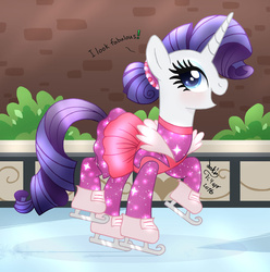 Size: 1020x1030 | Tagged: safe, artist:joakaha, rarity, g4, the gift of the maud pie, 2016, alternate hairstyle, clothes, dress, fabulous, female, ice, ice rink, ice skates, ice skating, manehattan, open mouth, scene interpretation, signature, solo