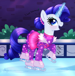 Size: 1020x1030 | Tagged: safe, artist:joakaha, rarity, g4, the gift of the maud pie, 2016, alternate hairstyle, clothes, dress, female, glowing horn, horn, ice, ice rink, ice skates, ice skating, manehattan, night, open mouth, scene interpretation, signature, solo, sparkling