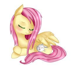 Size: 879x799 | Tagged: safe, artist:haruliina, angel bunny, fluttershy, g4, blushing, full body, lying down, prone, simple background, transparent background