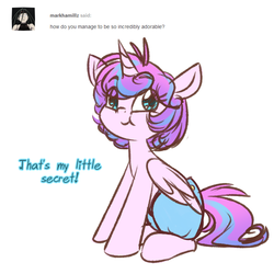 Size: 750x750 | Tagged: safe, artist:cosmalumi, princess flurry heart, g4, the crystalling, ask, cute, dialogue, diaper, flurrybetes, flurryheart-babbles, looking at you, older, simple background, solo, tumblr, white background