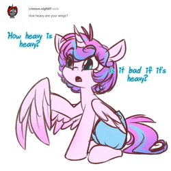 Size: 750x750 | Tagged: safe, artist:cosmalumi, princess flurry heart, g4, the crystalling, cute, dialogue, diaper, flurrybetes, flurryheart-babbles, open mouth, simple background, solo, tumblr, white background, wings
