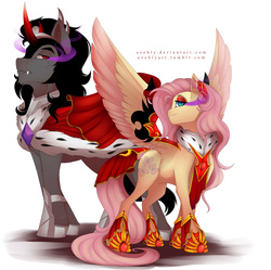 Size: 4600x4585 | Tagged: safe, artist:evehly, fluttershy, king sombra, g4, absurd resolution, clothes, couple, cute, eyeshadow, fangs, female, horseshoes, makeup, male, queen, queen fluttershy, ship:sombrashy, shipping, simple background, spread wings, straight, white background
