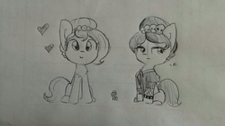 Size: 1280x720 | Tagged: safe, artist:tjpones, oc, oc only, oc:brownie bun, oc:mini-bun, earth pony, pony, horse wife, black and white, bracelet, chest fluff, female, goth, grayscale, heart, mare, monochrome, self ponidox, simple background, sitting, skull, spiked wristband, traditional art