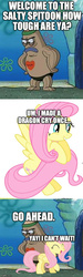 Size: 391x1296 | Tagged: safe, fluttershy, g4, crossover, image macro, irony, meme, no weenies allowed, spongebob squarepants, this will end in pain