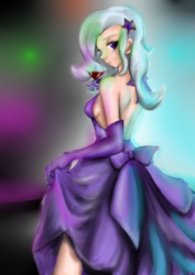 Size: 2480x3507 | Tagged: safe, artist:gunslingerpen, trixie, human, g4, alcohol, clothes, dress, drink, evening gloves, female, food, gloves, high res, humanized, solo