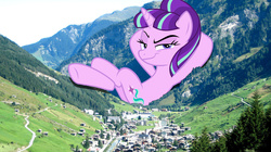Size: 1195x669 | Tagged: safe, artist:theotterpony, artist:xebck, starlight glimmer, pony, g4, giant pony, giant starlight glimmer, hill, irl, lidded eyes, looking at you, macro, mountain, photo, ponies in real life, raised eyebrow, s5 starlight, smiling, smug, smuglight glimmer, solo, switzerland, tree, vector, welcome home twilight