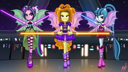 Size: 3840x2160 | Tagged: safe, artist:viktor-tyt, adagio dazzle, aria blaze, sonata dusk, equestria girls, g4, crossover, fin wings, high res, jedi, lightsaber, ponied up, sleeveless, star wars, the dazzlings, weapon