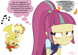 Size: 1024x716 | Tagged: safe, artist:haleyc4629, applejack, sour sweet, equestria girls, g4, my little pony equestria girls: friendship games, angry, dialogue, music notes, musical instrument, simple background, tuba, white background