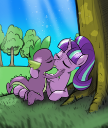 Size: 1500x1787 | Tagged: safe, artist:burning-heart-brony, spike, starlight glimmer, dragon, pony, unicorn, g4, duo, eyes closed, female, grass, kiss on the lips, kissing, love, male, mare, ship:sparlight, shipping, sky, straight, tree
