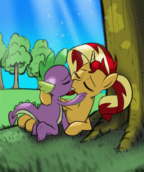 Size: 1500x1787 | Tagged: safe, artist:burning-heart-brony, spike, sunset shimmer, pony, unicorn, g4, alternate hairstyle, duo, eyes closed, female, grass, kiss on the lips, kissing, love, male, mare, ship:sunsetspike, shipping, sky, straight, tree