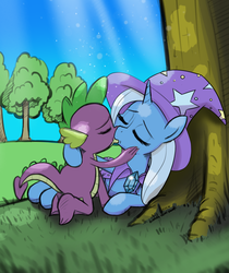 Size: 1500x1787 | Tagged: safe, artist:burning-heart-brony, spike, trixie, pony, unicorn, g4, cape, clothes, duo, eyes closed, female, grass, hat, kiss on the lips, kissing, love, male, mare, shipping, sky, spixie, straight, tree, trixie's cape, trixie's hat