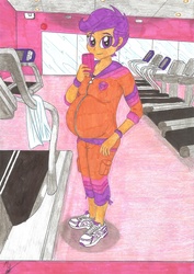 Size: 4945x6982 | Tagged: safe, artist:metaldudepl666, scootaloo, equestria girls, g4, absurd resolution, belly, big belly, fetish, gym, looking at you, momma scoots, older, phone, pregnant, pregnant equestria girls, pregnant scootaloo