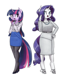 Size: 1000x1255 | Tagged: safe, artist:king-kakapo, rarity, twilight sparkle, anthro, unguligrade anthro, g4, arm hooves, belt, blouse, business suit, businessmare, clothes, cloven hooves, duo, duo female, female, high heels, multiple variants, necklace, pantyhose, sandals, shoes, skirt, unshorn fetlocks