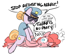 Size: 1273x1061 | Tagged: safe, artist:nobody, copper top, pinkie pie, earth pony, pony, g4, the gift of the maud pie, arrested, clothes, cuffs, dialogue, duo, female, frown, gritted teeth, hat, mare, police, police pony, prone, simple background, sunglasses, this will end in jail time, white background, wide eyes