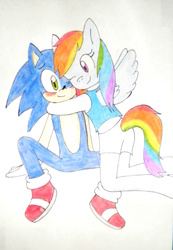 Size: 2006x2894 | Tagged: safe, artist:kary22, rainbow dash, g4, crossover, high res, male, sonic the hedgehog, sonic the hedgehog (series), traditional art