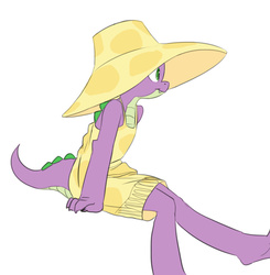 Size: 937x955 | Tagged: safe, artist:carnifex, spike, dragon, g4, barb, clothes, dress, female, hat, older, rule 63, simple background, sitting, smiling, solo, sun hat, white background