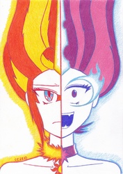 Size: 2472x3492 | Tagged: safe, artist:deeemperor, sci-twi, sunset shimmer, twilight sparkle, equestria girls, g4, counterparts, daydream shimmer, duality, high res, midnight sparkle, traditional art, twilight's counterparts