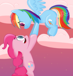 Size: 3015x3121 | Tagged: safe, artist:laserpewpewrblx, pinkie pie, rainbow dash, g4, cloud, flying, high res, holding hooves, smiling, stars, sunset