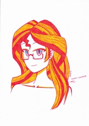 Size: 2472x3492 | Tagged: safe, artist:deeemperor, sunset shimmer, equestria girls, g4, bust, female, glasses, high res, portrait, solo, traditional art