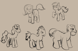 Size: 1200x785 | Tagged: safe, oc, oc only, group, missing cutie mark, monochrome, sketch, sketch dump