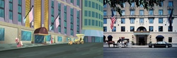 Size: 2192x720 | Tagged: safe, screencap, beaude mane, rivet, welcome inn, earth pony, pony, g4, rarity takes manehattan, background pony, carriage, comparison, male, manefair hotel, manehattan, new york, stallion, taxi, taxi pony