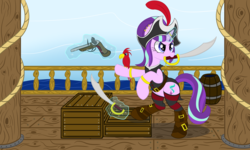 Size: 7034x4231 | Tagged: safe, artist:sethisto, starlight glimmer, parrot, g4, absurd resolution, clothes, cutlass, female, flintlock, gun, hat, mouth hold, pirate, pirate ship, solo, sword, weapon