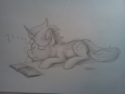 Size: 1280x960 | Tagged: safe, artist:swiftsketchpone, oc, oc only, oc:chemical spill, book, monochrome, sleeping, solo, traditional art, zzz