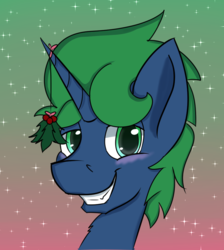 Size: 853x951 | Tagged: safe, artist:swiftsketchpone, oc, oc only, oc:chemical spill, blushing, bust, gradient background, grin, holly, holly mistaken for mistletoe, looking at you, portrait, smiling, solo, sparkles