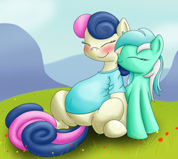 Size: 2674x2396 | Tagged: safe, artist:seenty, bon bon, lyra heartstrings, sweetie drops, earth pony, pony, unicorn, g4, clothes, female, high res, implied magical lesbian spawn, lesbian, nuzzling, pregnant, ship:lyrabon, shipping, shirt, smiling, snuggling